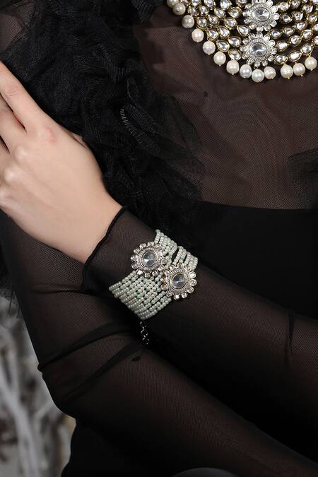 Shop_Joules By Radhika_Green Beads, Crystals, Stones Luxe Halo Beaded Bracelet _Online_at_Aza_Fashions