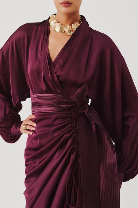 Aroka_Burgundy Modal, Satin V-neck Draped Dress _Online_at_Aza_Fashions