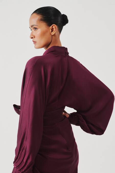 Buy_Aroka_Burgundy Modal, Satin V-neck Draped Dress _Online_at_Aza_Fashions