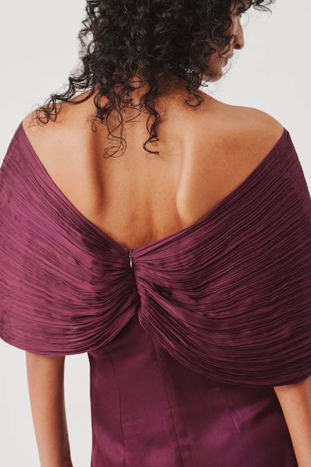 Aroka_Burgundy Modal, Satin Off-shoulder Berry Bow Dress _Online_at_Aza_Fashions
