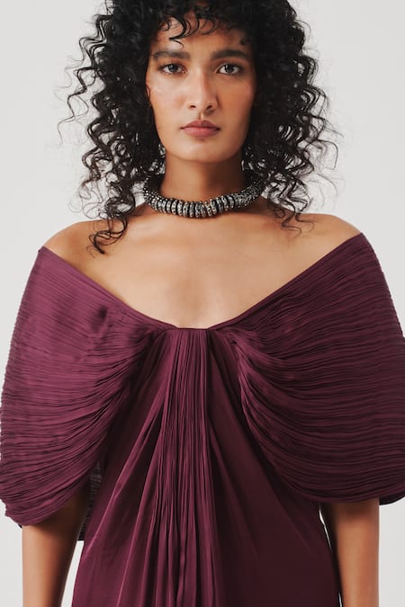 Buy_Aroka_Burgundy Modal, Satin Off-shoulder Berry Bow Dress _Online_at_Aza_Fashions