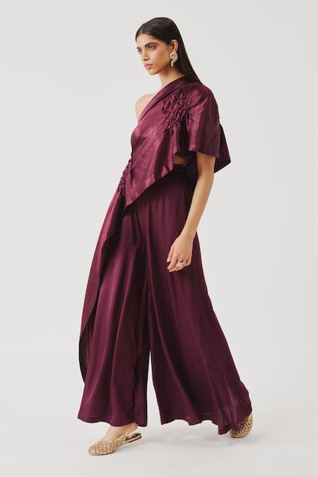 Aroka_Burgundy Smocking, Embroidery One Shoulder Pisa Asymmetric Top _Online_at_Aza_Fashions