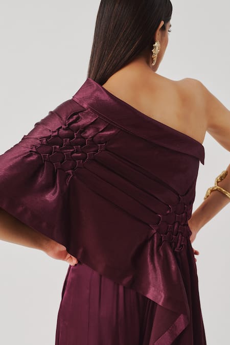 Shop_Aroka_Burgundy Smocking, Embroidery One Shoulder Pisa Asymmetric Top _Online_at_Aza_Fashions