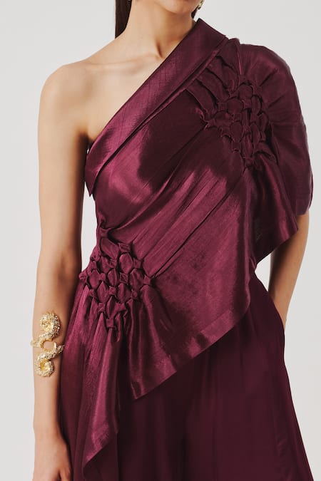 Aroka_Burgundy Smocking, Embroidery One Shoulder Pisa Asymmetric Top _at_Aza_Fashions