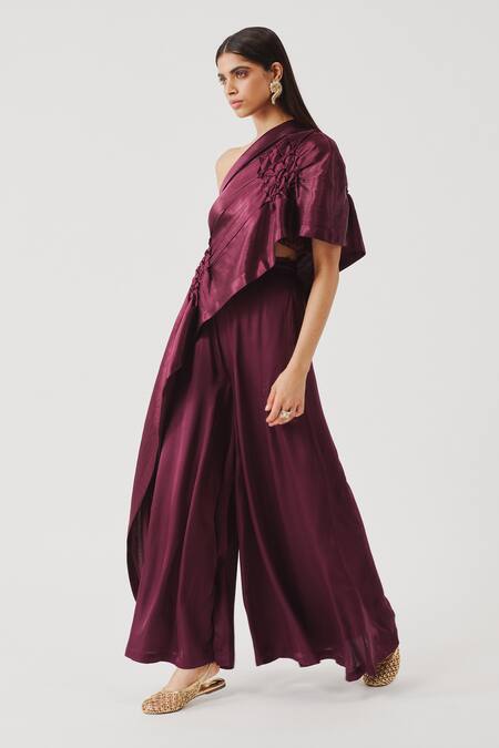 Buy_Aroka_Burgundy Modal, Satin Soiree Pant _Online_at_Aza_Fashions