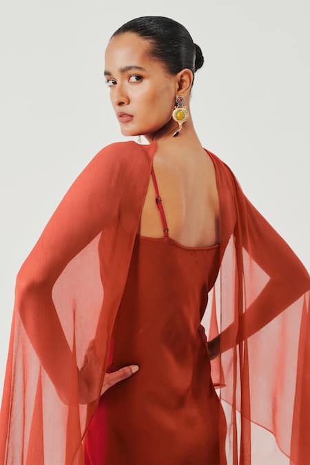 Aroka_Rust Modal, Satin, Viscose Chinon Chiffon Cowl Neck Tyra Slip Dress With Scarf _Online_at_Aza_Fashions