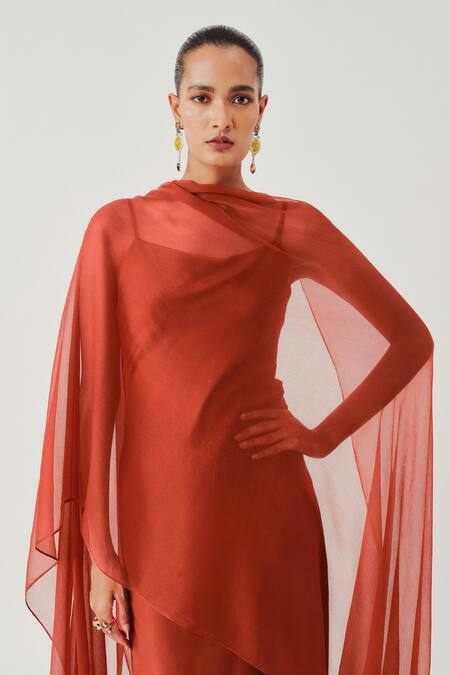 Buy_Aroka_Rust Modal, Satin, Viscose Chinon Chiffon Cowl Neck Tyra Slip Dress With Scarf _Online_at_Aza_Fashions