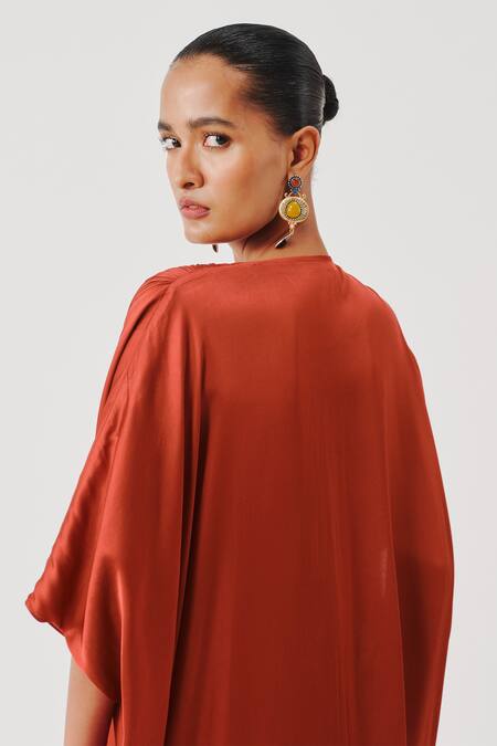 Aroka_Rust Modal, Satin V-neck Regal Kaftan _Online_at_Aza_Fashions