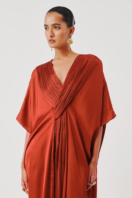 Buy_Aroka_Rust Modal, Satin V-neck Regal Kaftan _Online_at_Aza_Fashions