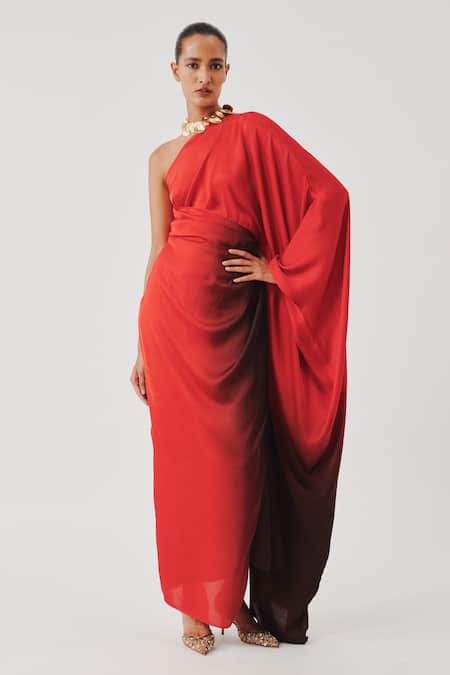Aroka Red Modal, Satin One Shoulder Ombre Effect Kaftan 