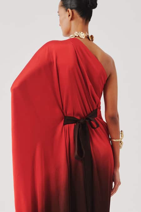 Aroka_Red Modal, Satin One Shoulder Ombre Effect Kaftan _Online_at_Aza_Fashions
