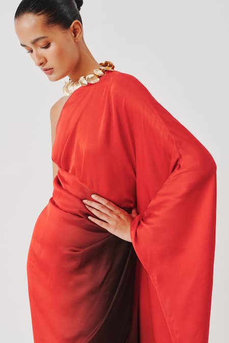 Buy_Aroka_Red Modal, Satin One Shoulder Ombre Effect Kaftan _Online_at_Aza_Fashions