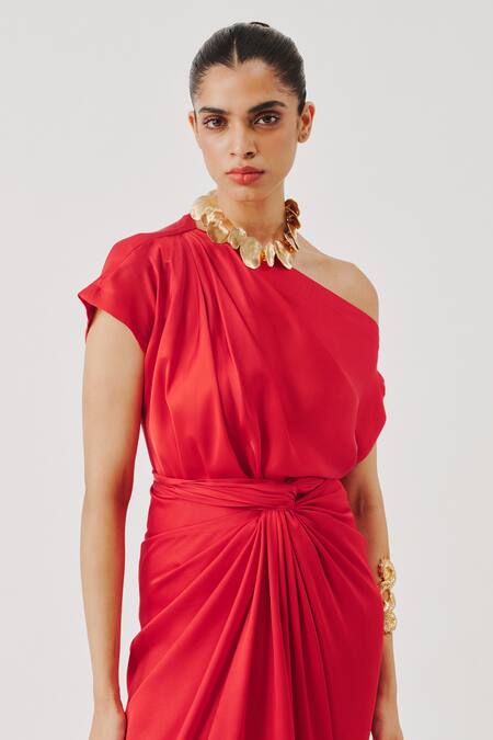 Aroka_Red Modal, Satin One Shoulder Renaissace Blouse _Online_at_Aza_Fashions
