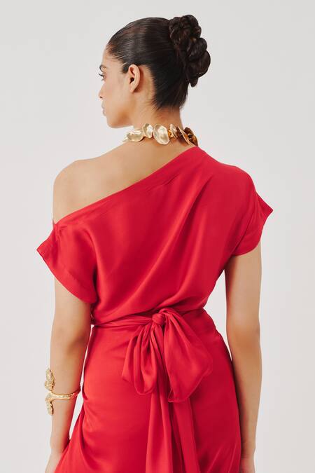 Buy_Aroka_Red Modal, Satin One Shoulder Renaissace Blouse _Online_at_Aza_Fashions
