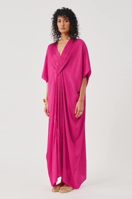 Aroka_Fuchsia Modal, Satin V-neck Regal Kaftan _Online_at_Aza_Fashions