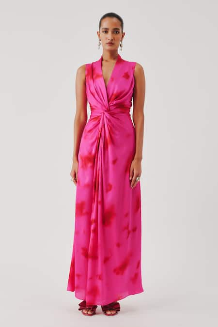 Aroka Pink Modal, Satin V-neck Kiara Draped Dress 