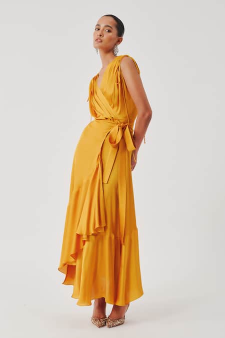 Aroka_Mustard Modal, Satin V-neck Rumba Ruffled Dress _Online_at_Aza_Fashions
