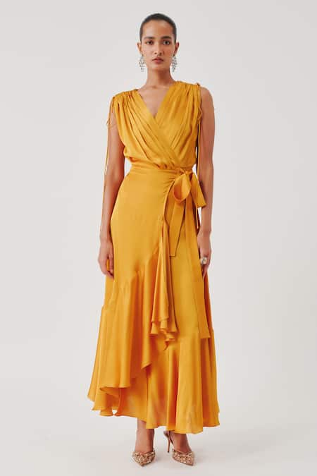 Aroka Mustard Modal, Satin V-neck Rumba Ruffled Dress 