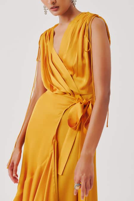 Buy_Aroka_Mustard Modal, Satin V-neck Rumba Ruffled Dress _Online_at_Aza_Fashions