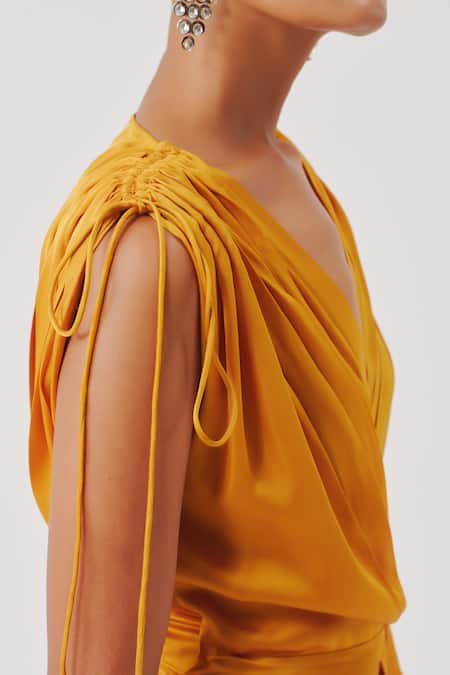 Shop_Aroka_Mustard Modal, Satin V-neck Rumba Ruffled Dress _Online_at_Aza_Fashions