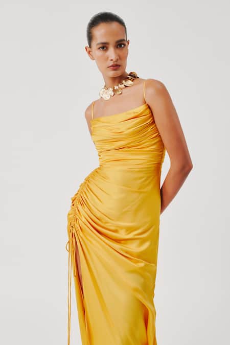 Aroka_Yellow Modal, Satin Cowl Neck Sunny Spagetti Draped Dress _Online_at_Aza_Fashions