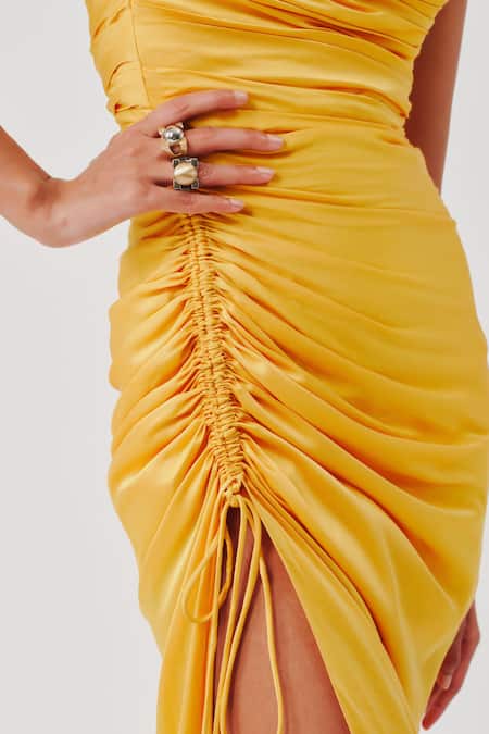 Buy_Aroka_Yellow Modal, Satin Cowl Neck Sunny Spagetti Draped Dress _Online_at_Aza_Fashions