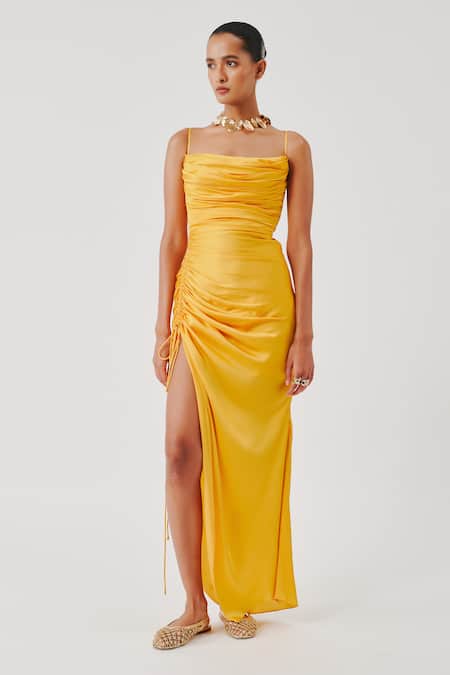 Aroka Yellow Modal, Satin Cowl Neck Sunny Spagetti Draped Dress 