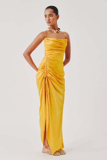 Shop_Aroka_Yellow Modal, Satin Cowl Neck Sunny Spagetti Draped Dress _Online_at_Aza_Fashions