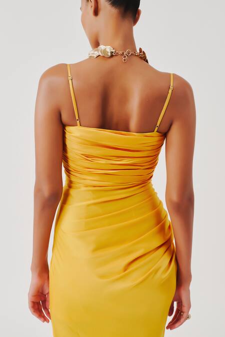 Aroka_Yellow Modal, Satin Cowl Neck Sunny Spagetti Draped Dress _at_Aza_Fashions