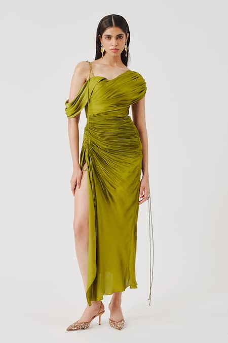 Aroka Olive Green Modal, Satin One Shoulder Ruched Dress 