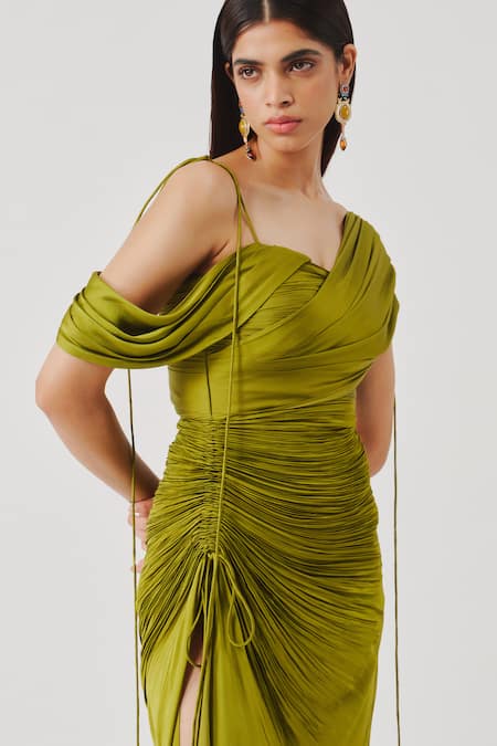 Aroka_Olive Green Modal, Satin One Shoulder Ruched Dress _Online_at_Aza_Fashions