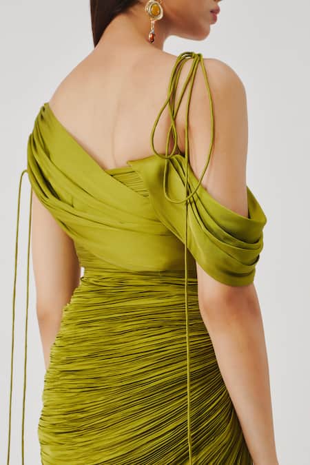 Buy_Aroka_Olive Green Modal, Satin One Shoulder Ruched Dress _Online_at_Aza_Fashions