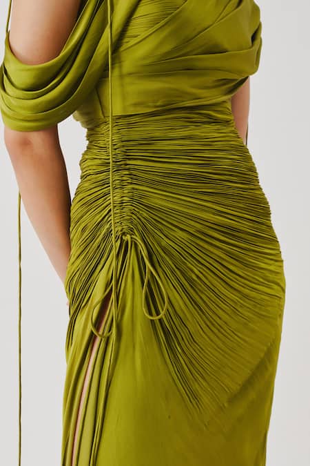 Shop_Aroka_Olive Green Modal, Satin One Shoulder Ruched Dress _Online_at_Aza_Fashions