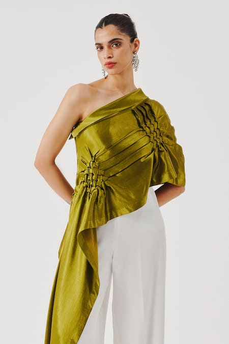 Aroka_Olive Green Smocking Off-, One Pisa Asymmetric Top _Online_at_Aza_Fashions