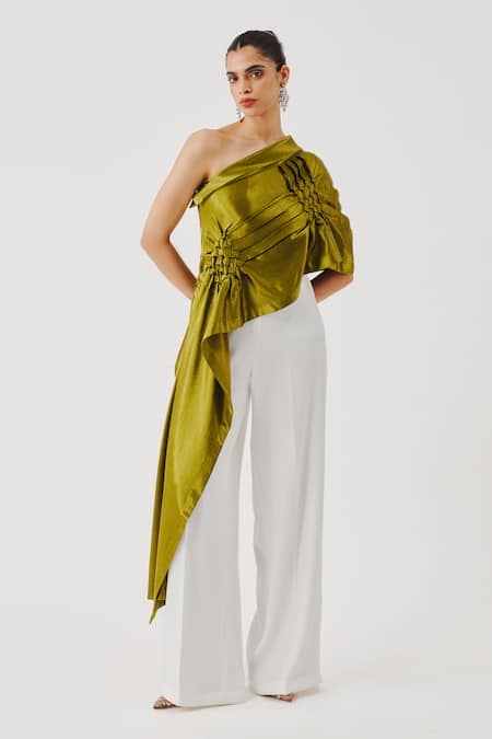 Aroka Olive Green Smocking Off-, One Pisa Asymmetric Top 