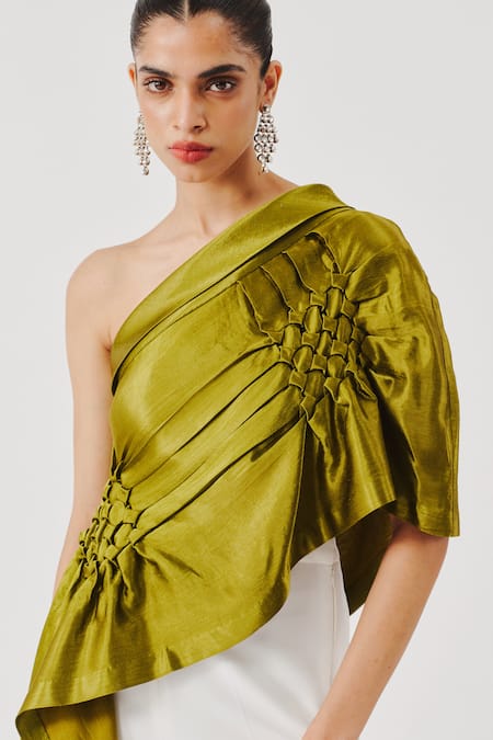 Buy_Aroka_Olive Green Smocking Off-, One Pisa Asymmetric Top _Online_at_Aza_Fashions