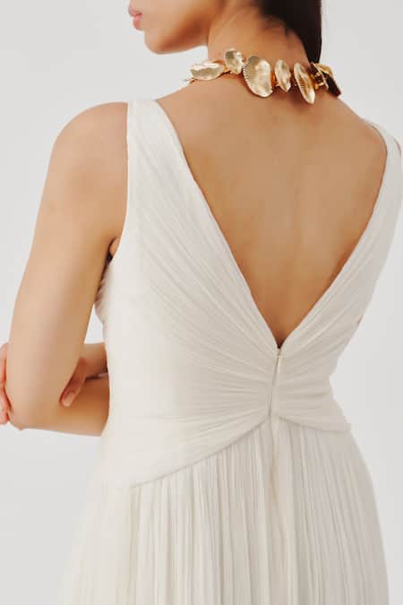 Aroka_Ivory Chiffon V-neck Dream Dress _Online_at_Aza_Fashions
