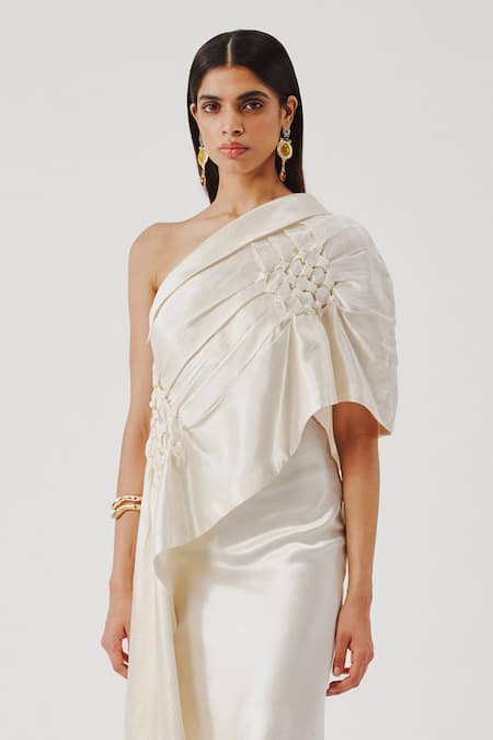 Aroka_Ivory Smocking, Embroidery Off-, One Pisa Asymmetric Top _Online_at_Aza_Fashions