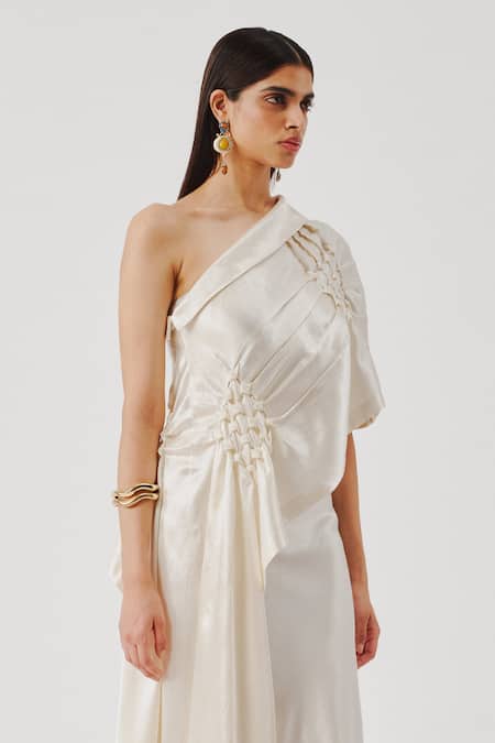 Buy_Aroka_Ivory Smocking, Embroidery Off-, One Pisa Asymmetric Top _Online_at_Aza_Fashions