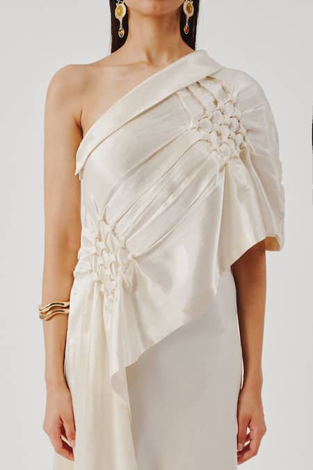Shop_Aroka_Ivory Smocking, Embroidery Off-, One Pisa Asymmetric Top _Online_at_Aza_Fashions