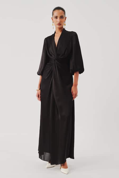 Aroka Black Modal, Satin V-neck Diva Draped Dress 