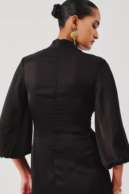 Aroka_Black Modal, Satin V-neck Diva Draped Dress _Online_at_Aza_Fashions