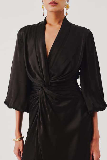 Buy_Aroka_Black Modal, Satin V-neck Diva Draped Dress _Online_at_Aza_Fashions