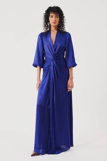 Aroka_Blue Modal, Satin V-neck Diva Draped Dress _Online_at_Aza_Fashions