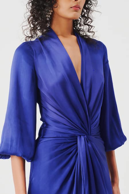 Buy_Aroka_Blue Modal, Satin V-neck Diva Draped Dress _Online_at_Aza_Fashions