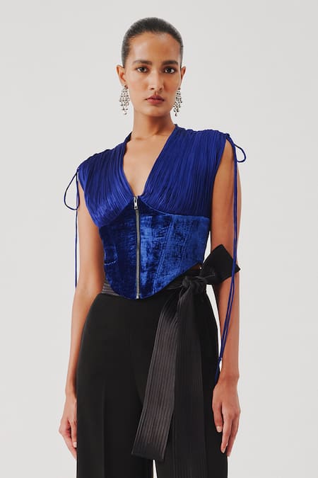 Aroka_Blue Modal, Satin, Velvet V-neck Veronica Corset _Online_at_Aza_Fashions