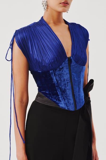 Buy_Aroka_Blue Modal, Satin, Velvet V-neck Veronica Corset _Online_at_Aza_Fashions