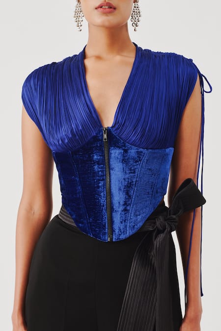 Shop_Aroka_Blue Modal, Satin, Velvet V-neck Veronica Corset _Online_at_Aza_Fashions