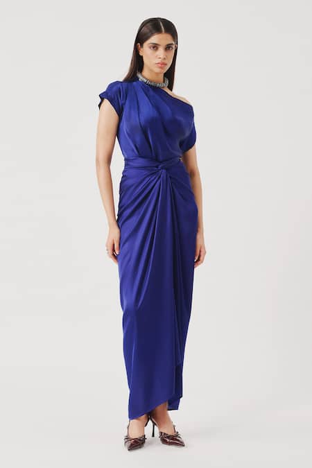 Aroka_Blue Modal, Satin One Shoulder Renaissace Blouse _Online_at_Aza_Fashions