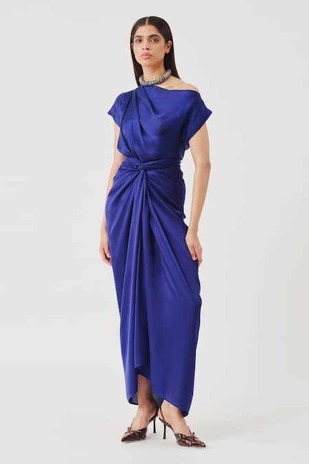 Aroka Blue Modal, Satin One Shoulder Renaissace Blouse 